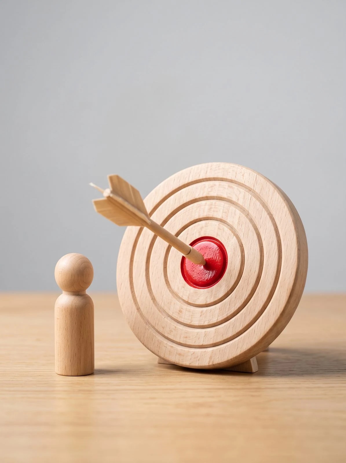 A wooden target with a red arrow in the centre