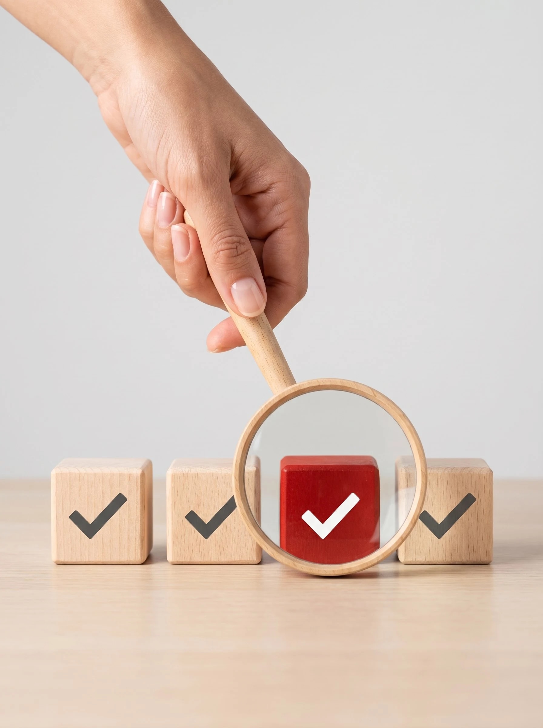 Wooden cubes with tick marks, a hand examining the red one with a magnifying glass