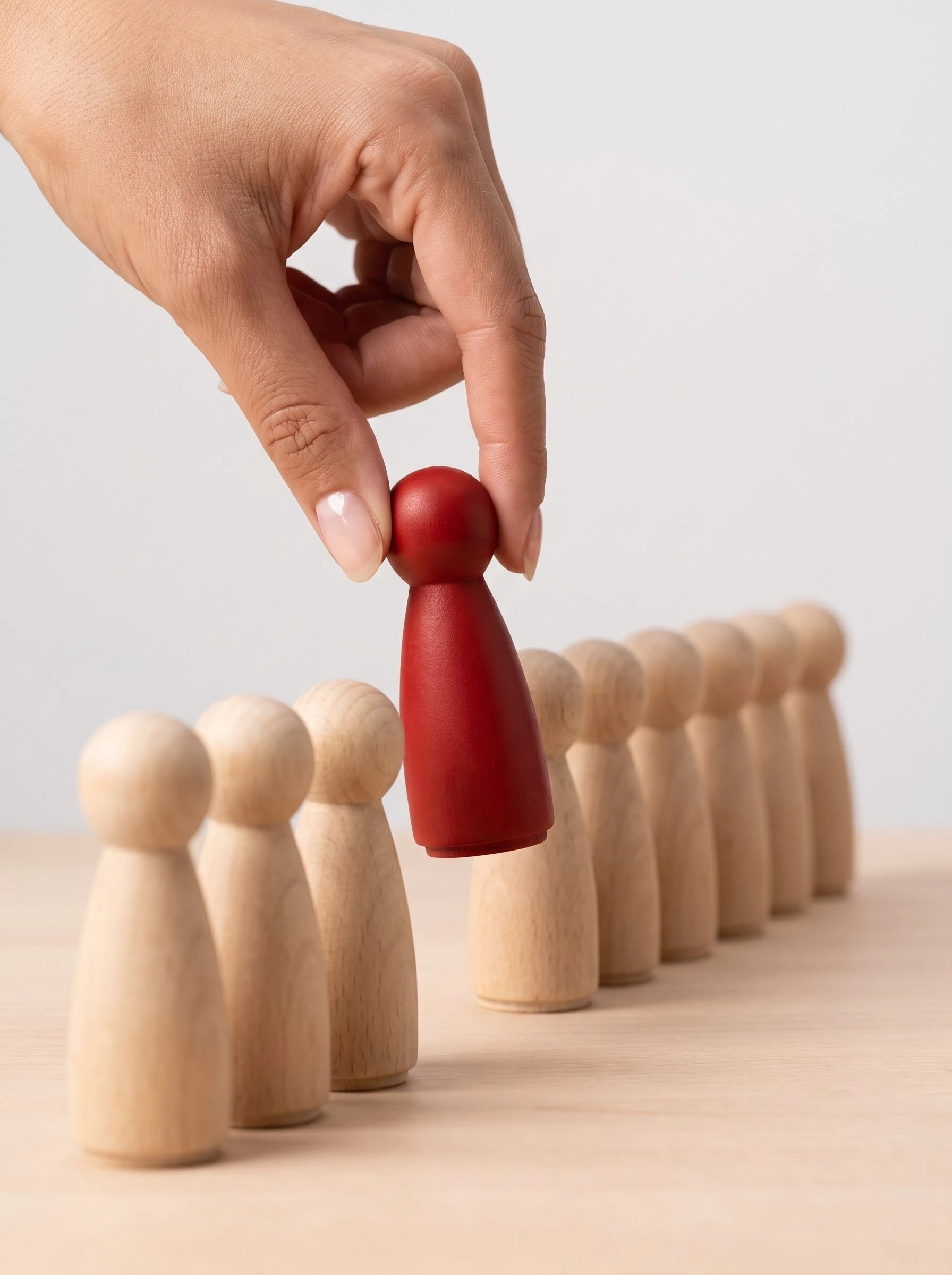 A hand placing a red figure into a row of wooden figures
