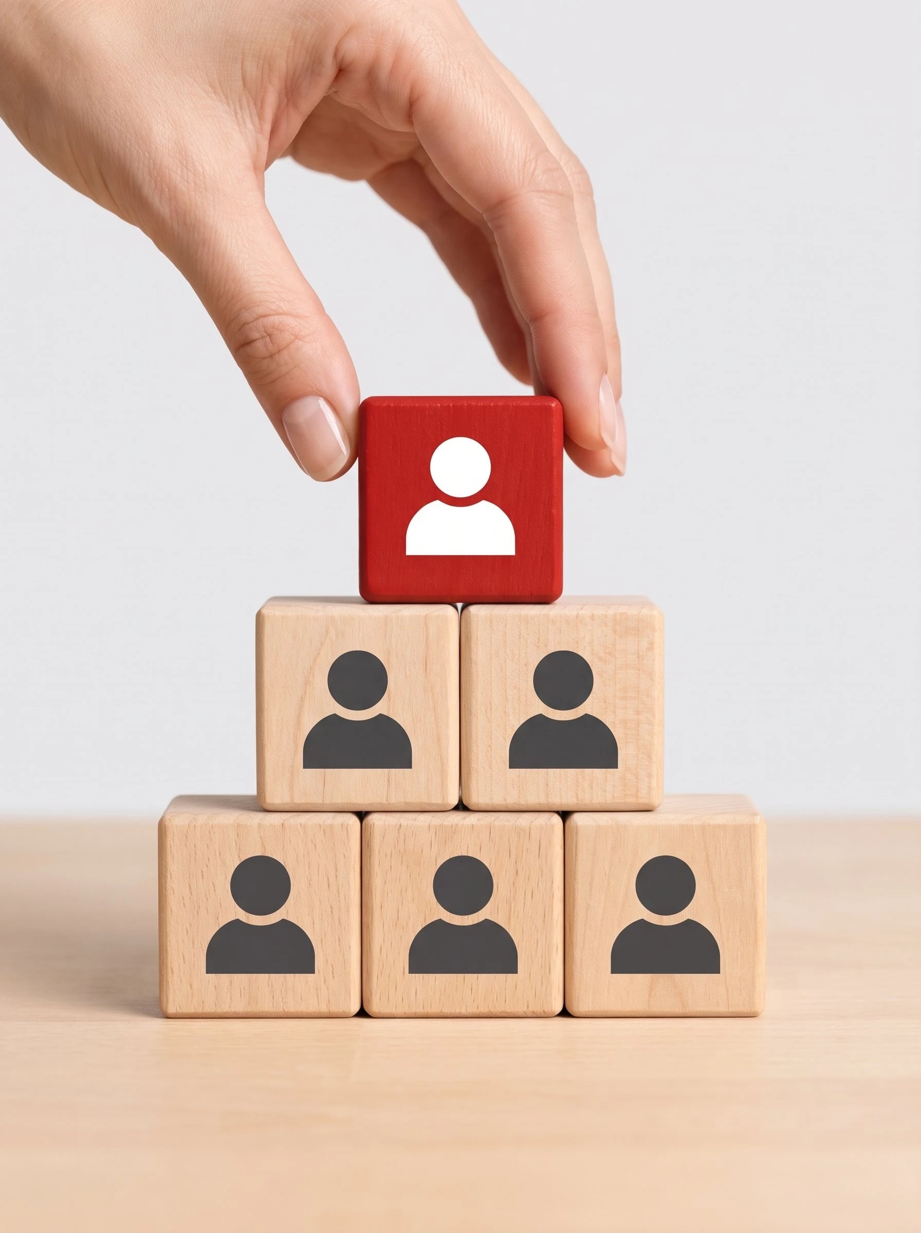 A pyramid of wooden cubes with person icons, a hand placing a red cube on top
