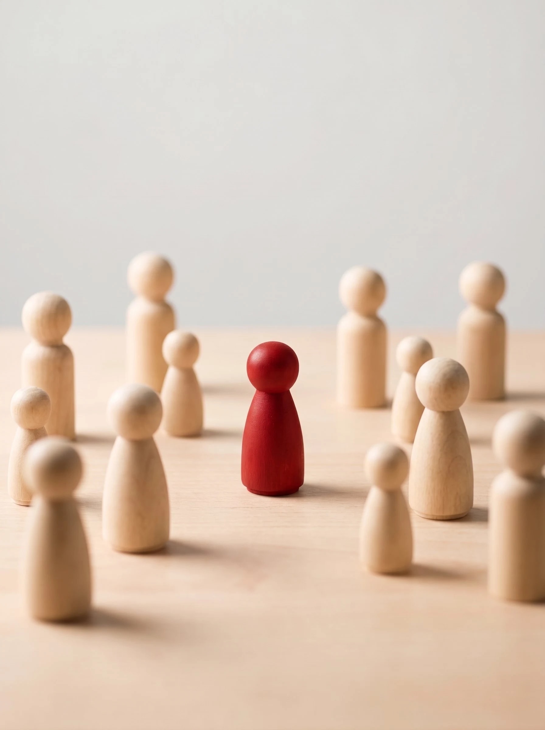 A red figure standing out among scattered wooden figures