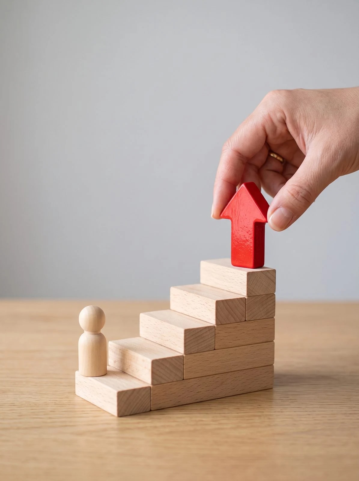A red arrow pointing up and wooden blocks
