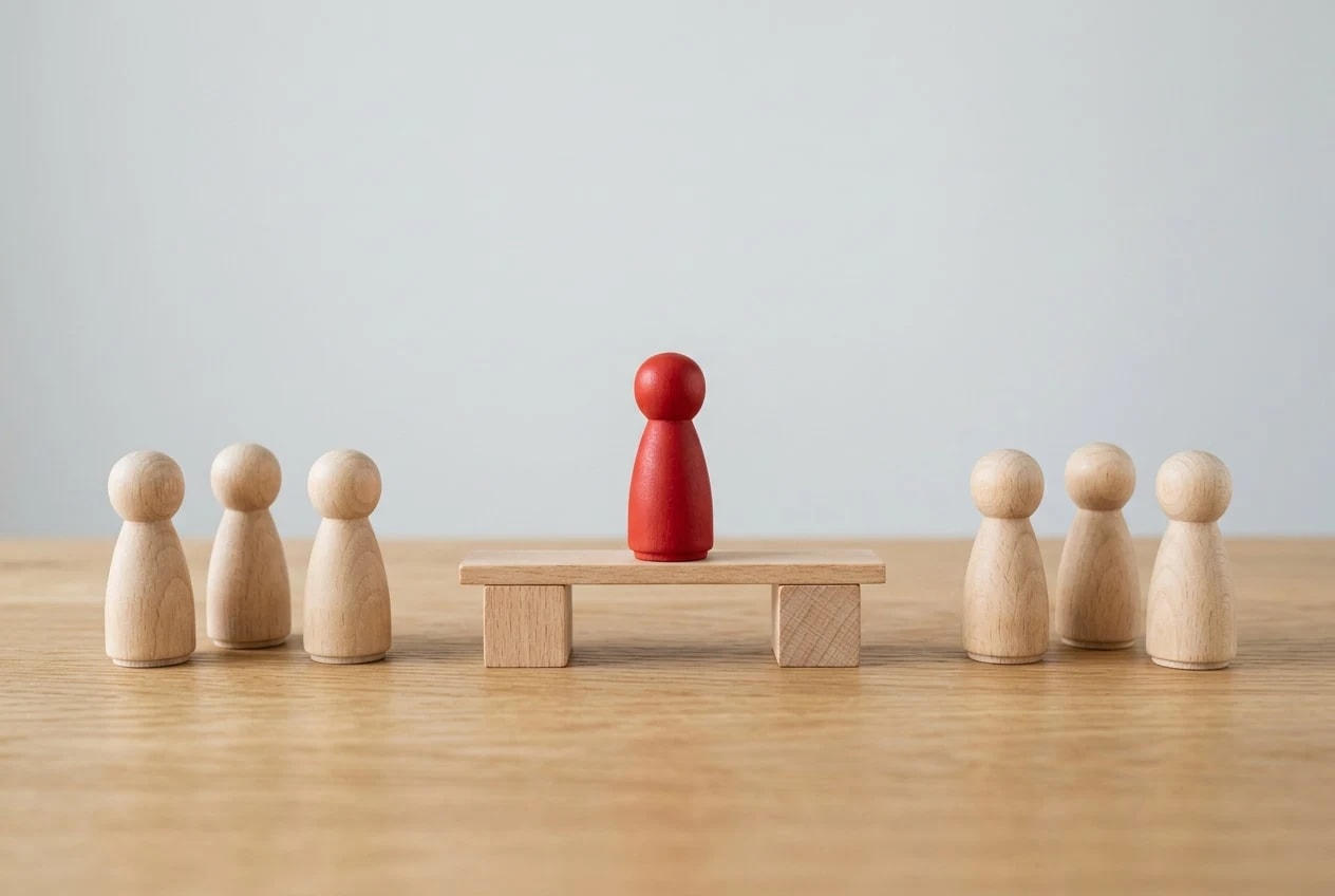 A red figure standing on a bridge of wooden blocks between two groups of wooden figures